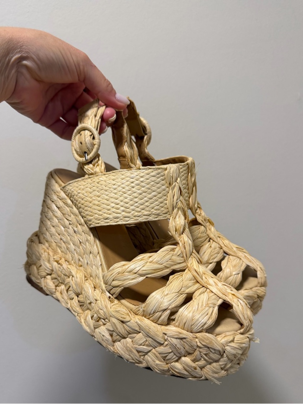 Paloma Barcelo Braided Raffia Wedge Sandal in Natural Beige